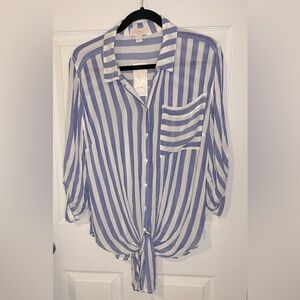 VIXBE Blue & White Striped 3/4 Sleeve Button Up Tie Knot Detail Top Size L